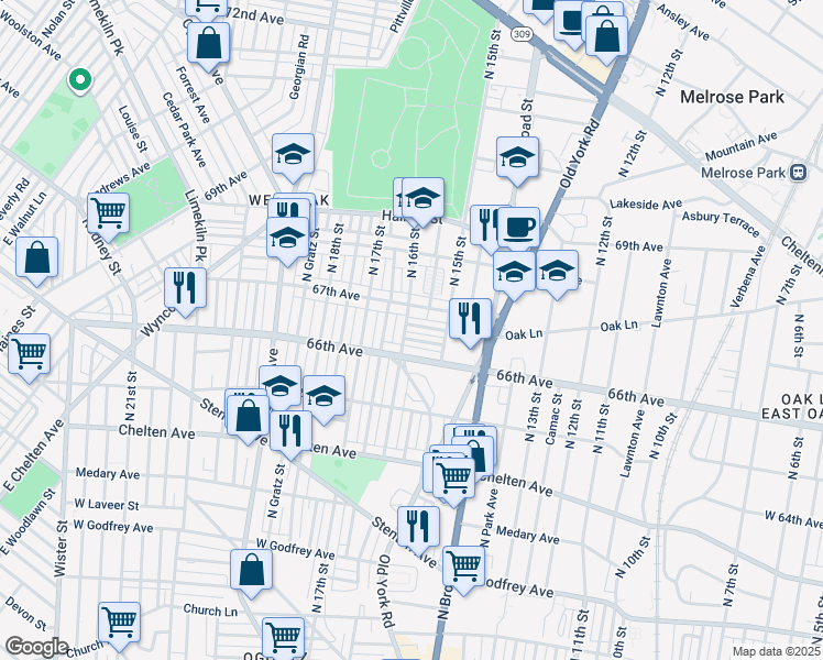 map of restaurants, bars, coffee shops, grocery stores, and more near 1542 Kinsdale Street in Philadelphia