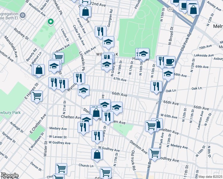 map of restaurants, bars, coffee shops, grocery stores, and more near 6609 North Gratz Street in Philadelphia