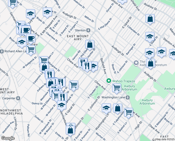 map of restaurants, bars, coffee shops, grocery stores, and more near 314 East Montana Street in Philadelphia