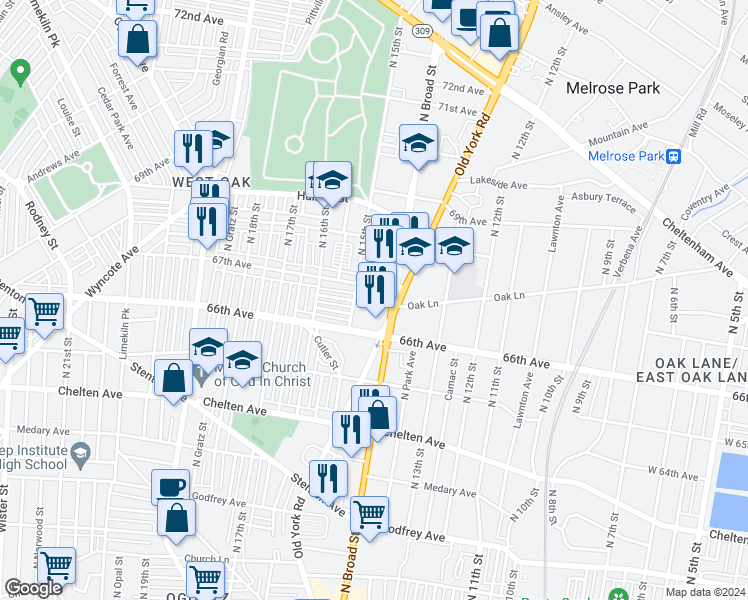 map of restaurants, bars, coffee shops, grocery stores, and more near 1422 67th Avenue in Philadelphia