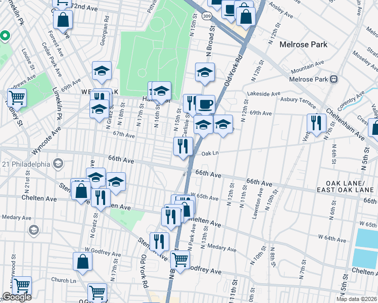 map of restaurants, bars, coffee shops, grocery stores, and more near 6633 Pennsylvania 611 in Philadelphia