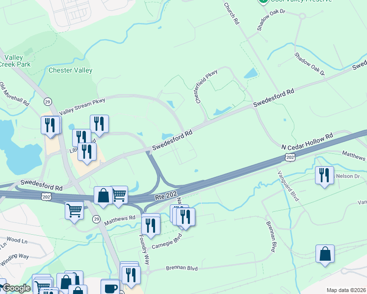 map of restaurants, bars, coffee shops, grocery stores, and more near 70 Valley Stream Parkway in Malvern