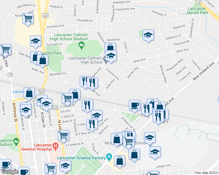 map of restaurants, bars, coffee shops, grocery stores, and more near 607 Janet Avenue in Lancaster