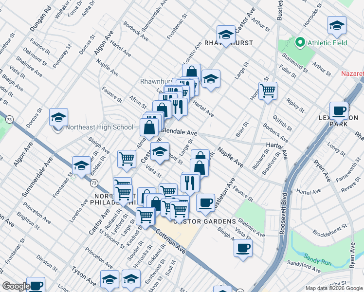 map of restaurants, bars, coffee shops, grocery stores, and more near 2101 Faunce Street in Philadelphia