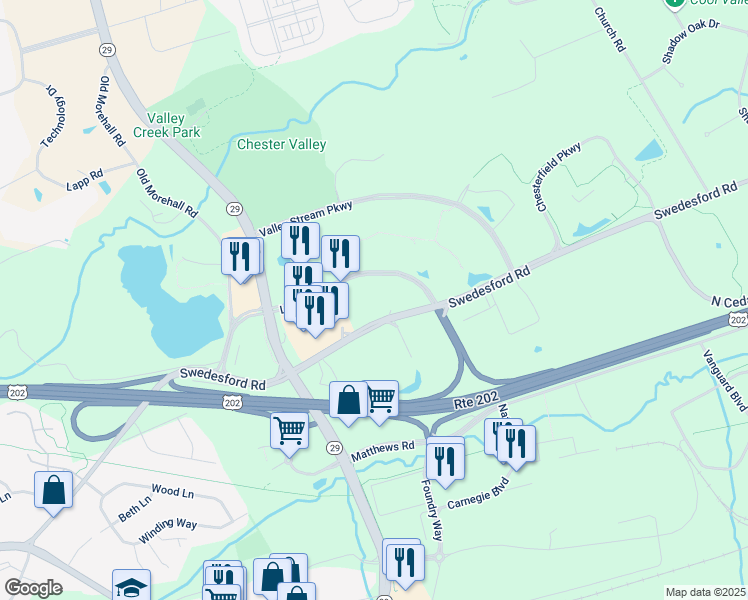 map of restaurants, bars, coffee shops, grocery stores, and more near 40 Liberty Boulevard in Malvern