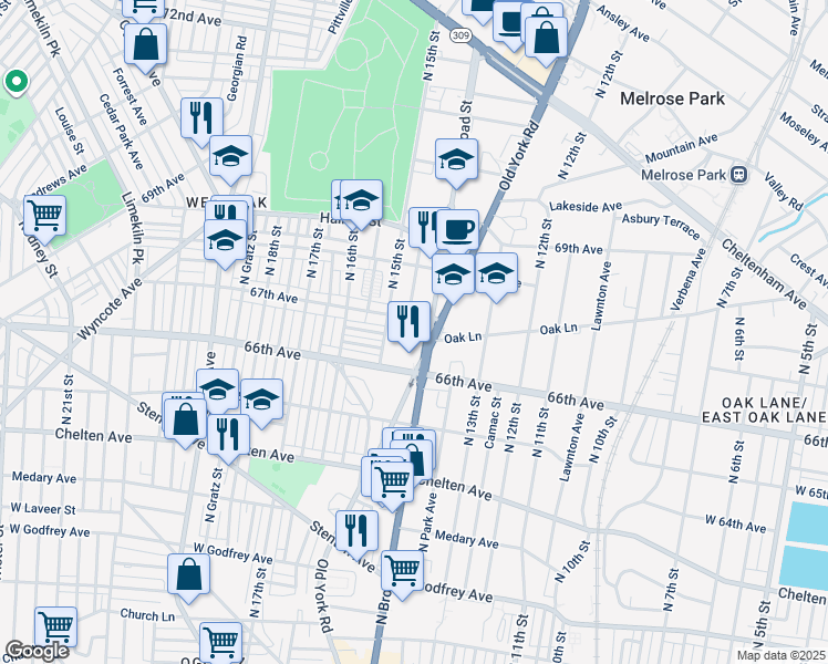 map of restaurants, bars, coffee shops, grocery stores, and more near 1418 67th Avenue in Philadelphia