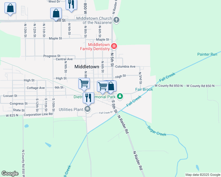 map of restaurants, bars, coffee shops, grocery stores, and more near 121 North 5th Street in Middletown