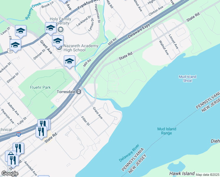map of restaurants, bars, coffee shops, grocery stores, and more near 463 Old Bridge Road in Bensalem