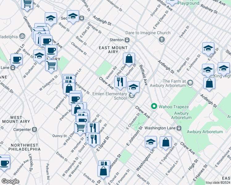 map of restaurants, bars, coffee shops, grocery stores, and more near 6650 Chew Avenue in Philadelphia