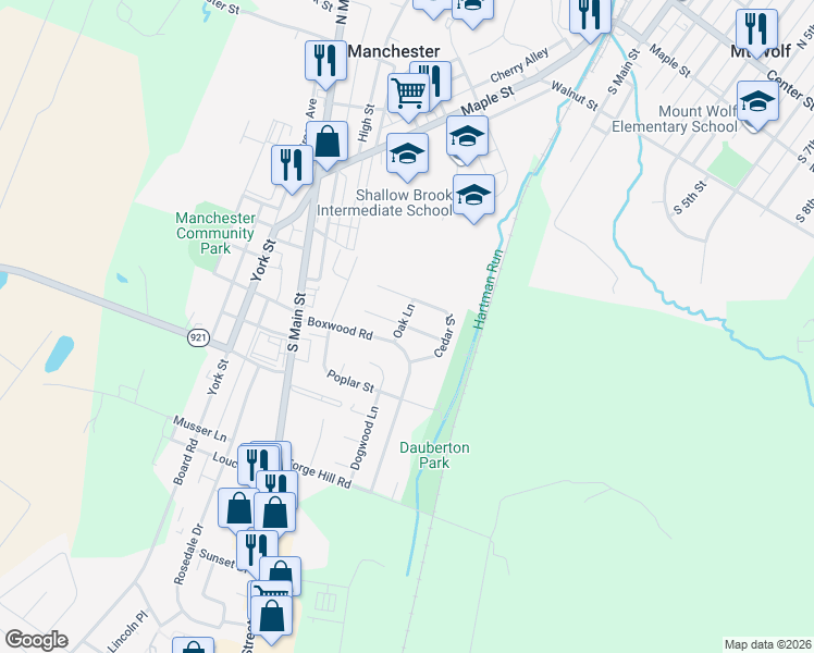 map of restaurants, bars, coffee shops, grocery stores, and more near Spruce Lane in Manchester