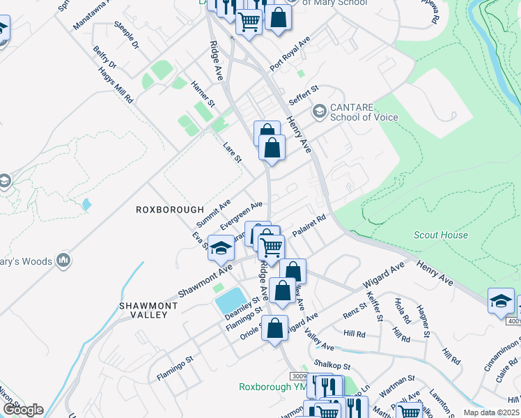 map of restaurants, bars, coffee shops, grocery stores, and more near 483 Evergreen Avenue in Philadelphia