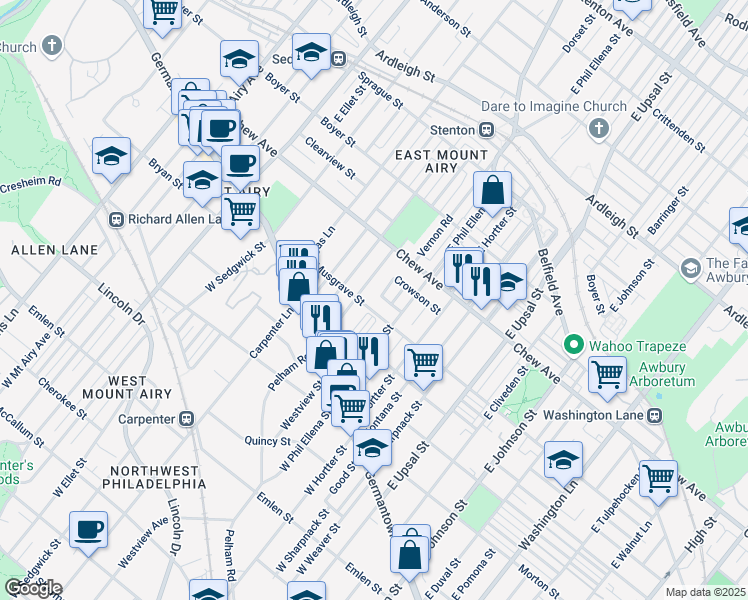 map of restaurants, bars, coffee shops, grocery stores, and more near 6716 Bass Street in Philadelphia