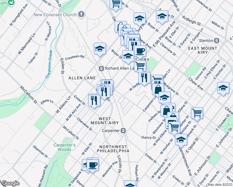 map of restaurants, bars, coffee shops, grocery stores, and more near 7024 Cresheim Road in Philadelphia