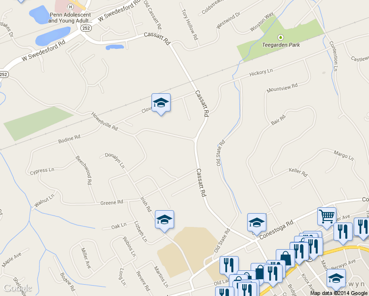 map of restaurants, bars, coffee shops, grocery stores, and more near 460 Howellville Road in Berwyn