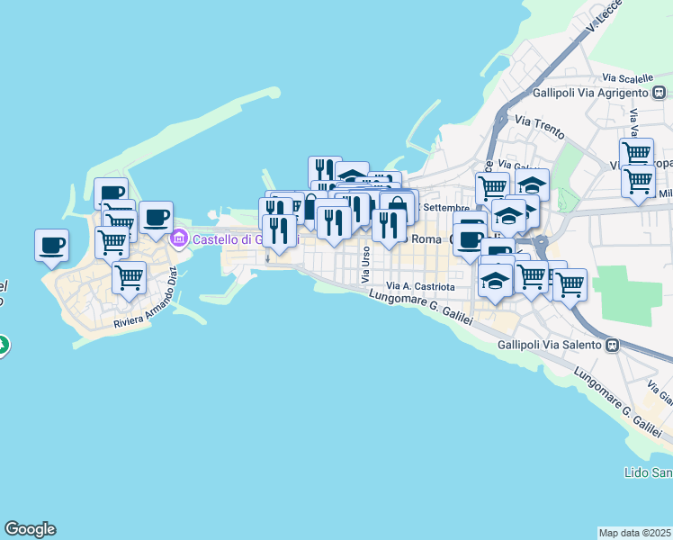 map of restaurants, bars, coffee shops, grocery stores, and more near 7 Via Ampalea in Gallipoli