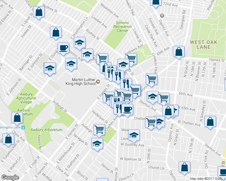 map of restaurants, bars, coffee shops, grocery stores, and more near 1360 Narragansett Street in Philadelphia