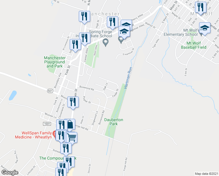 map of restaurants, bars, coffee shops, grocery stores, and more near 9 Spruce Lane in Manchester