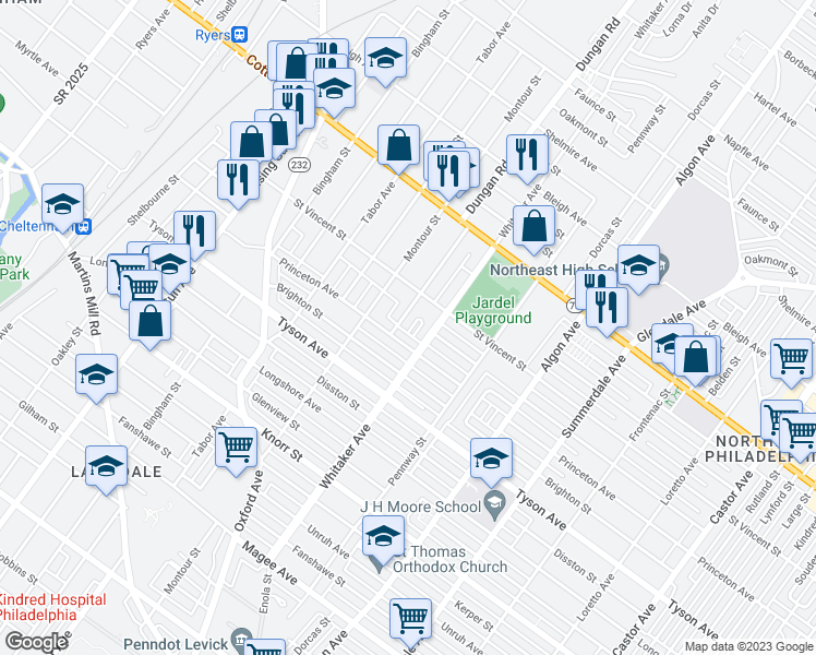 map of restaurants, bars, coffee shops, grocery stores, and more near 7111 Dungan Road in Philadelphia