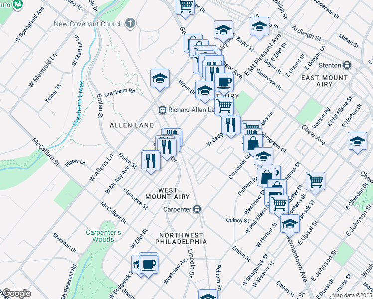 map of restaurants, bars, coffee shops, grocery stores, and more near 7024 Cresheim Road in Philadelphia