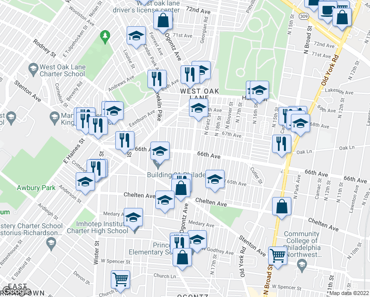 map of restaurants, bars, coffee shops, grocery stores, and more near 6603 North Uber Street in Philadelphia