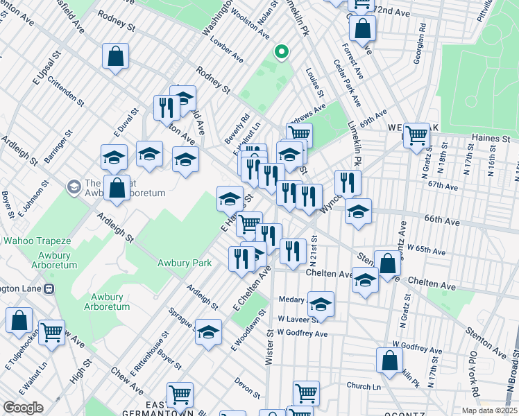map of restaurants, bars, coffee shops, grocery stores, and more near 1360 Narragansett Street in Philadelphia