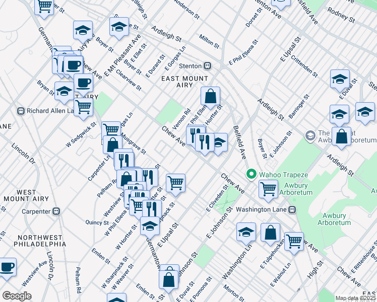map of restaurants, bars, coffee shops, grocery stores, and more near 6650 Chew Avenue in Philadelphia