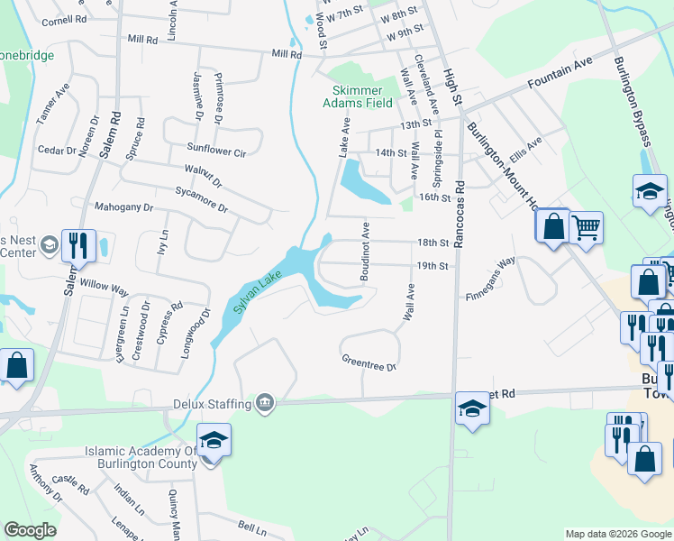 map of restaurants, bars, coffee shops, grocery stores, and more near 1915 Sylvan Park Road in Burlington Township