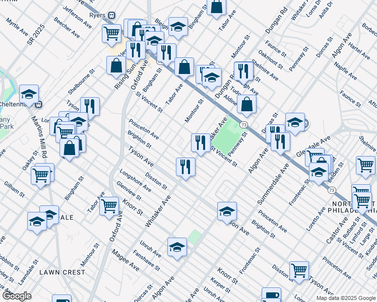 map of restaurants, bars, coffee shops, grocery stores, and more near 7111 Dungan Road in Philadelphia