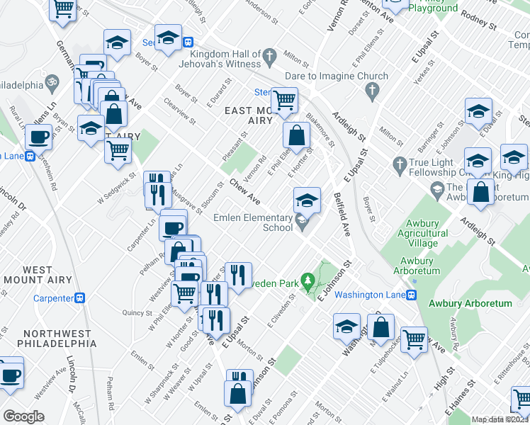 map of restaurants, bars, coffee shops, grocery stores, and more near 6652 Chew Avenue in Philadelphia