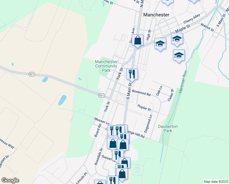 map of restaurants, bars, coffee shops, grocery stores, and more near 349 York Street in Manchester