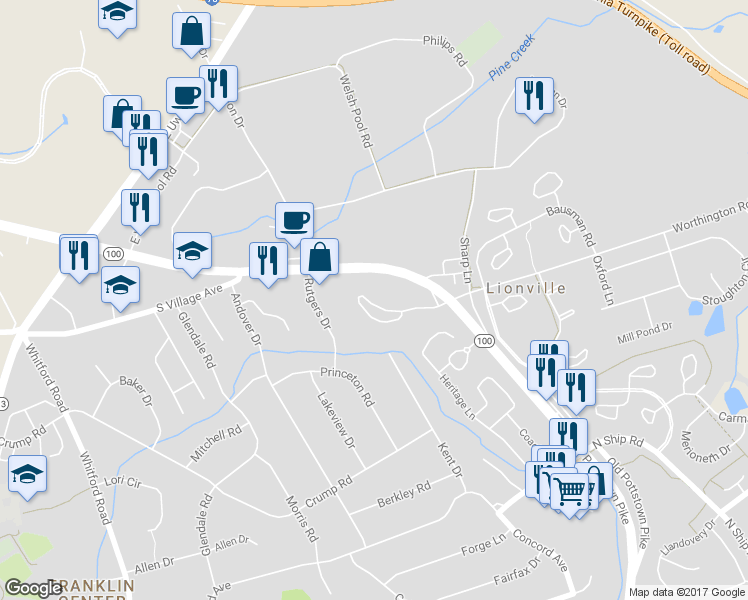 map of restaurants, bars, coffee shops, grocery stores, and more near 1405 Worthington Drive in Exton