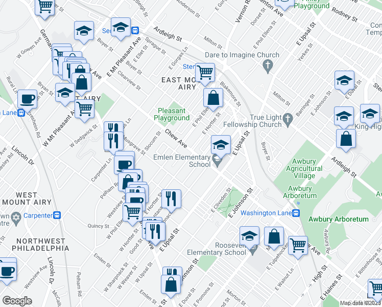 map of restaurants, bars, coffee shops, grocery stores, and more near 6652 Chew Avenue in Philadelphia