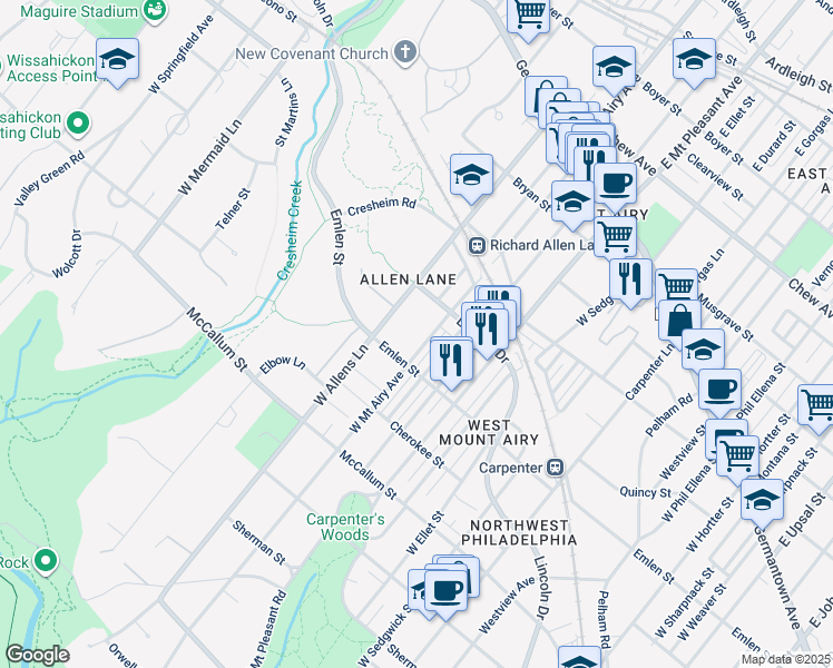 map of restaurants, bars, coffee shops, grocery stores, and more near 337 West Mount Airy Avenue in Philadelphia