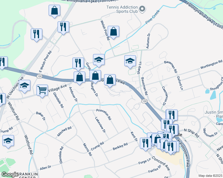map of restaurants, bars, coffee shops, grocery stores, and more near 1403 Worthington Drive in Exton