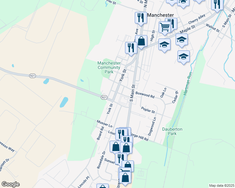 map of restaurants, bars, coffee shops, grocery stores, and more near 349 York Street in Manchester