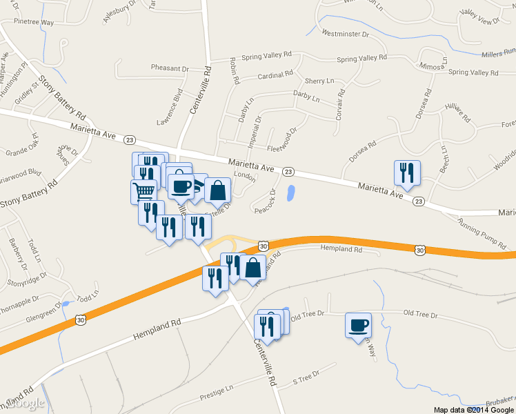 map of restaurants, bars, coffee shops, grocery stores, and more near 59 Peacock Dr in Lancaster