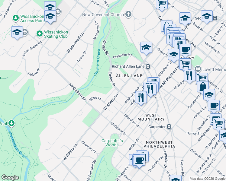 map of restaurants, bars, coffee shops, grocery stores, and more near 415 West Allens Lane in Philadelphia