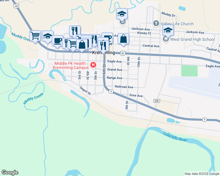 map of restaurants, bars, coffee shops, grocery stores, and more near 7th St in Kremmling