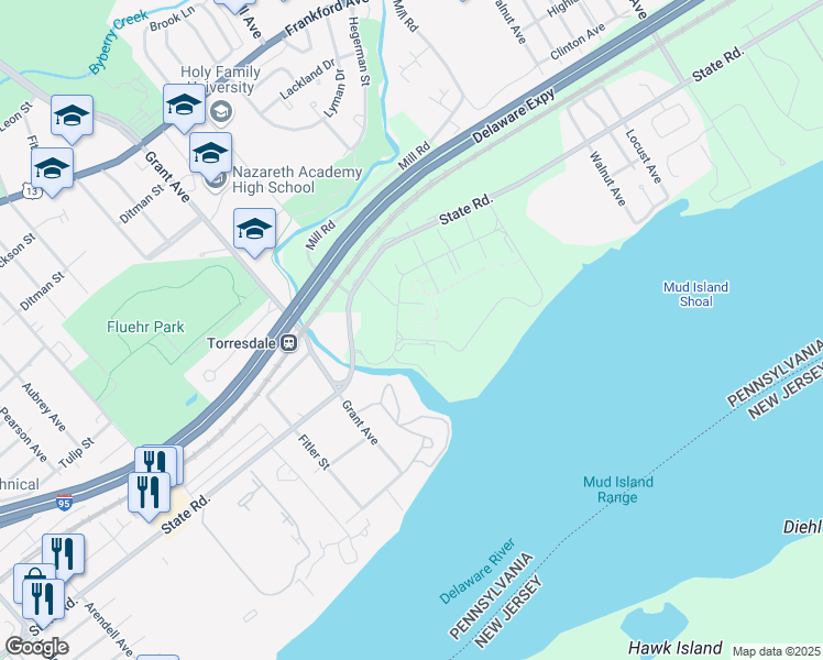 map of restaurants, bars, coffee shops, grocery stores, and more near 463 Old Bridge Road in Bensalem