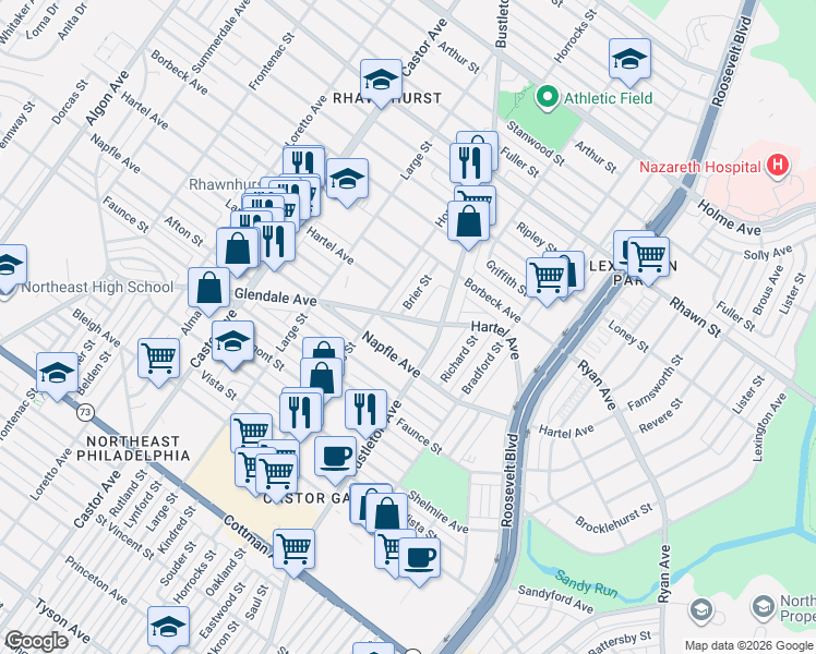 map of restaurants, bars, coffee shops, grocery stores, and more near 2226 Lansing Street in Philadelphia