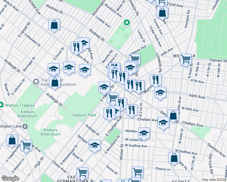 map of restaurants, bars, coffee shops, grocery stores, and more near 1351 Narragansett Street in Philadelphia