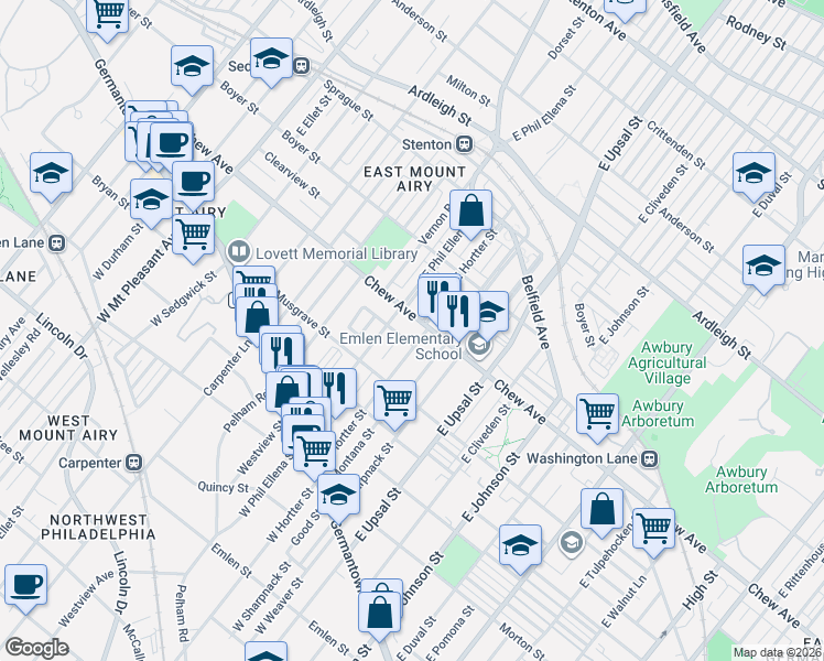 map of restaurants, bars, coffee shops, grocery stores, and more near 246 East Springer Street in Philadelphia