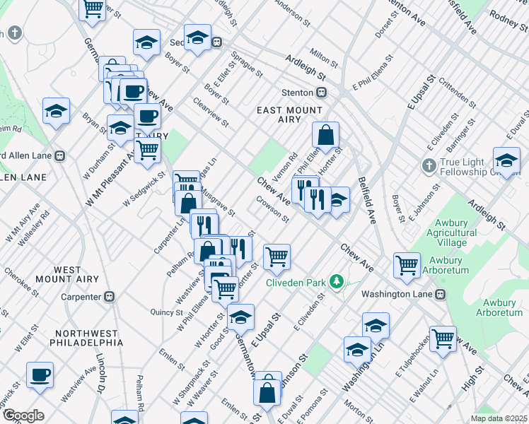 map of restaurants, bars, coffee shops, grocery stores, and more near 6716 Bass Street in Philadelphia