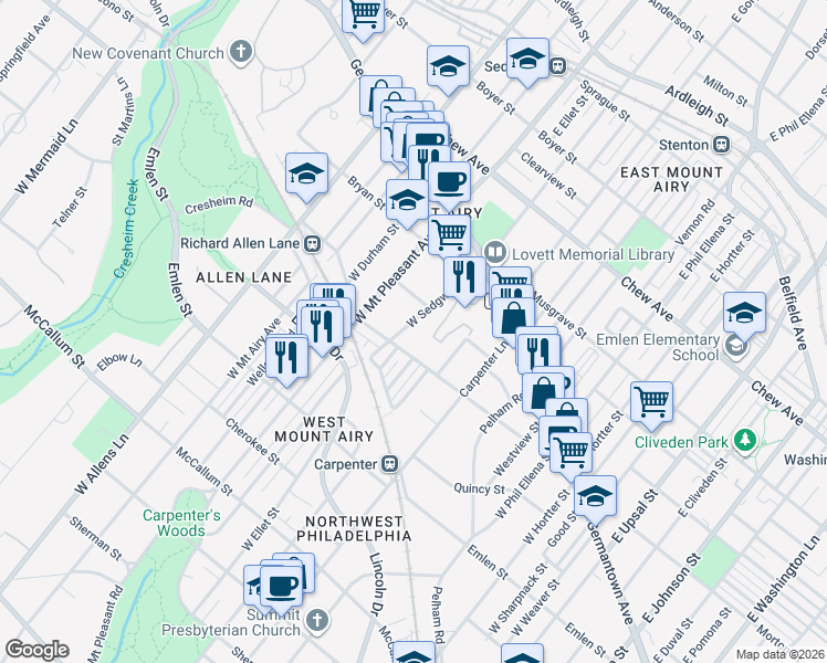 map of restaurants, bars, coffee shops, grocery stores, and more near 6917 Cresheim Road in Philadelphia