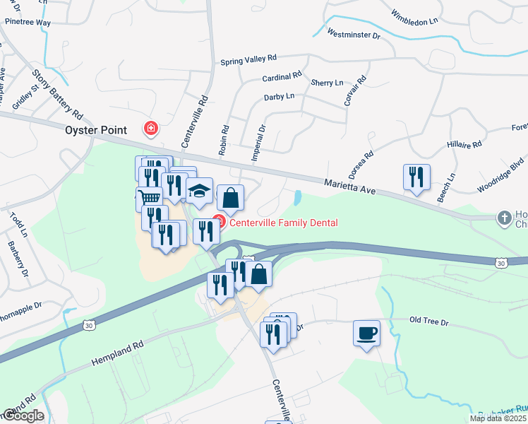 map of restaurants, bars, coffee shops, grocery stores, and more near 59 Peacock Dr in Lancaster