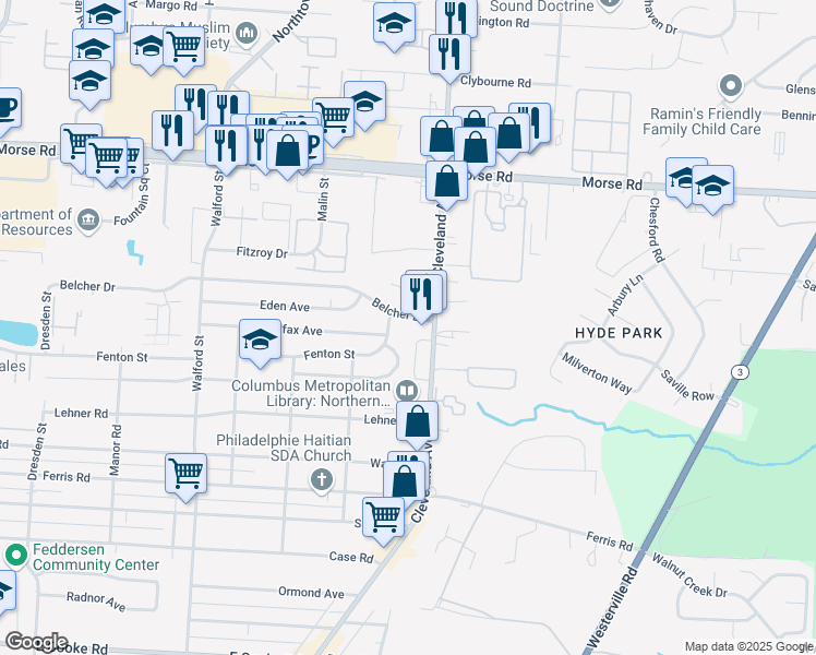map of restaurants, bars, coffee shops, grocery stores, and more near 2373 Belcher Drive in Columbus