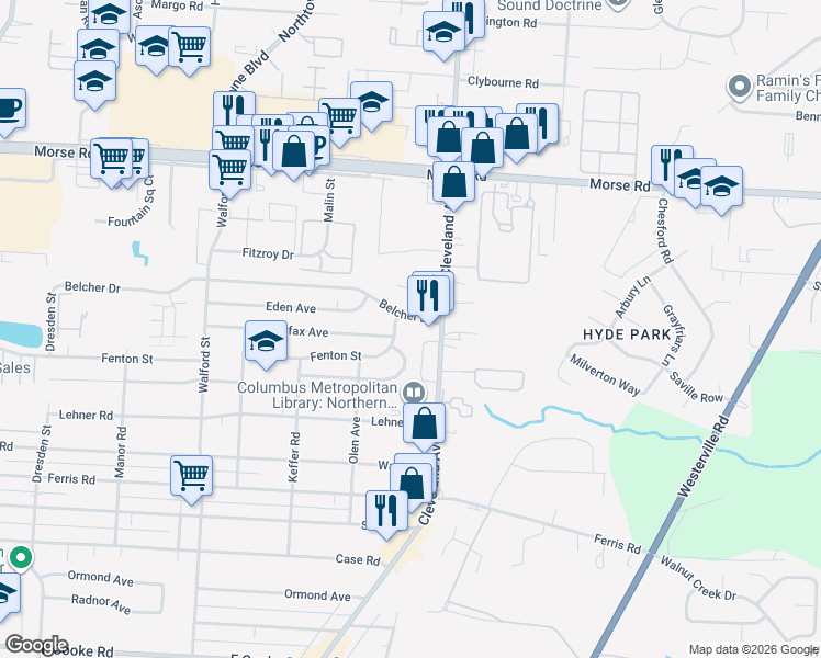 map of restaurants, bars, coffee shops, grocery stores, and more near 2373 Belcher Drive in Columbus