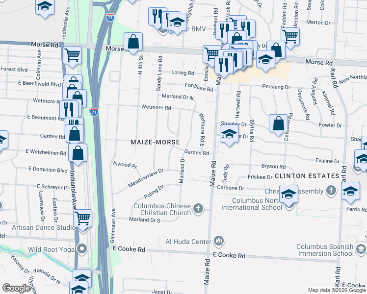 map of restaurants, bars, coffee shops, grocery stores, and more near 4353 Marland Drive in Columbus