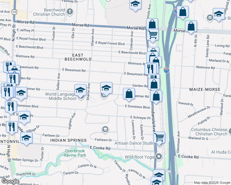 map of restaurants, bars, coffee shops, grocery stores, and more near 545 East Weisheimer Road in Columbus