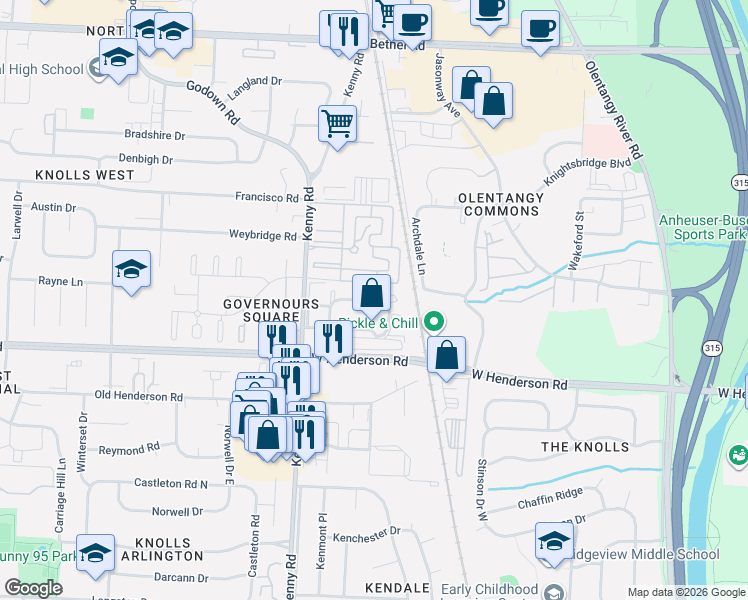 map of restaurants, bars, coffee shops, grocery stores, and more near 4655 Merrimar Circle East in Columbus